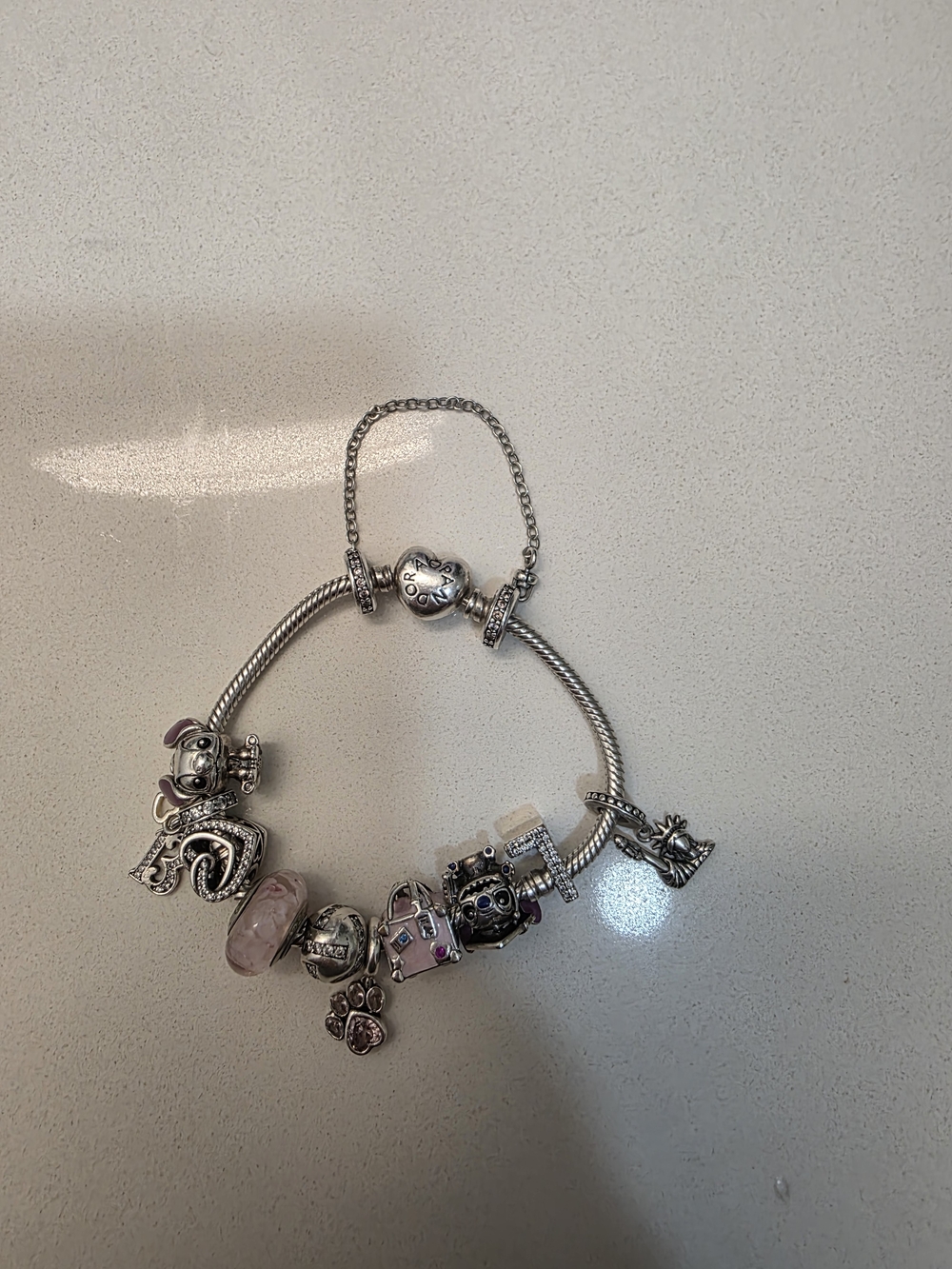Sterling Silver Pandora Charm Bracelet with Pink Accents
